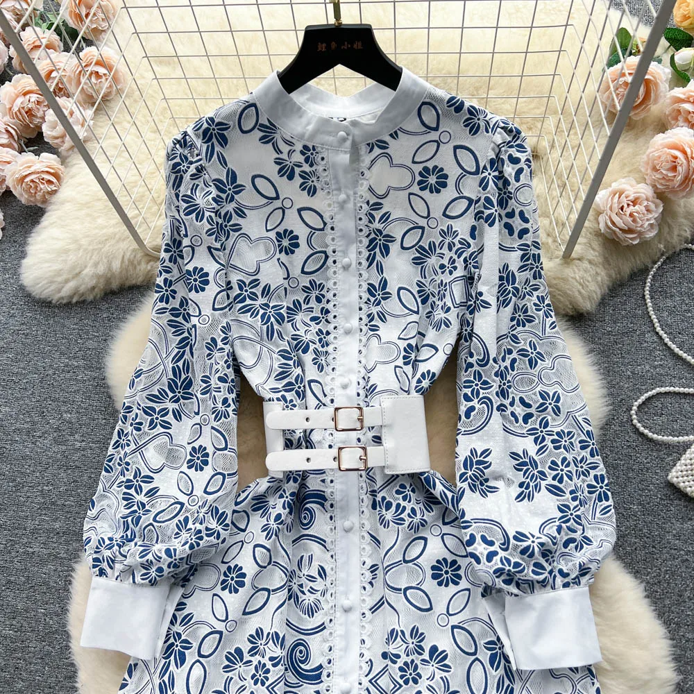 LE2568 Women's Sweet Style Boutique Lace Maxi Dress Autumn Lantern Long  Sleeved Flower Hollow Embroidery Evening Natural