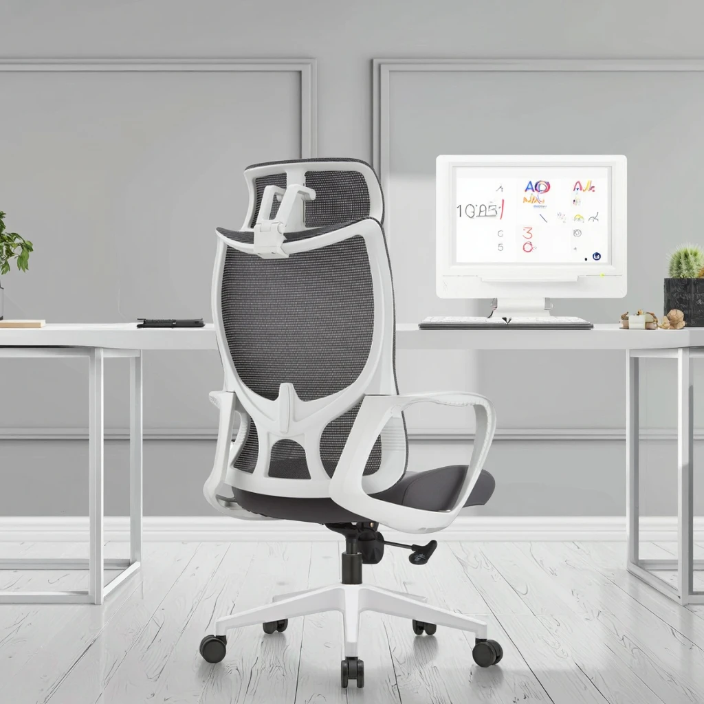 Grey PU Steel Frame High Back Ergonomic Chair S-Curve Support High Resilience Foam Fixed Armrest Adjustable Height for Office 4