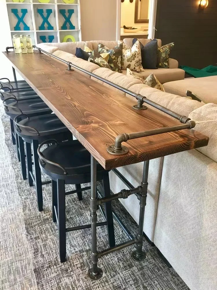 High End Vintage Industrial Retro Latest Design Fashionable Long Restaurant Island Kitchen Wood Slab High Bar Table