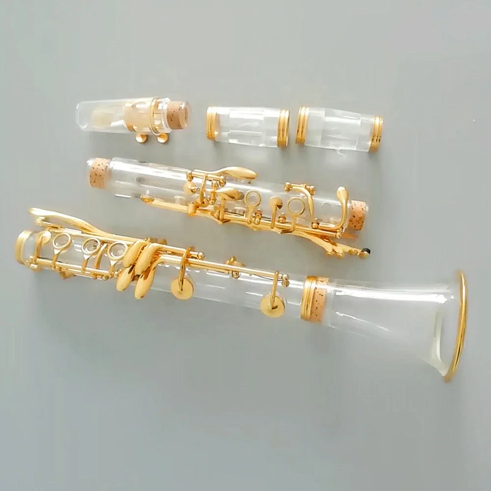 スタイリッシュなアクリル透明クラリネット17キーBb金メッキ楽器
