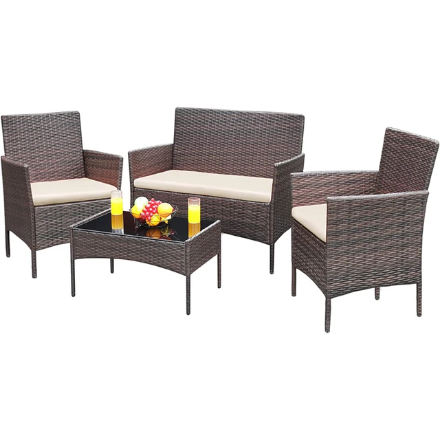 Homecome Modern Style 4-Piece Outdoor Garden Furniture Rattan Wicker Conversation Set