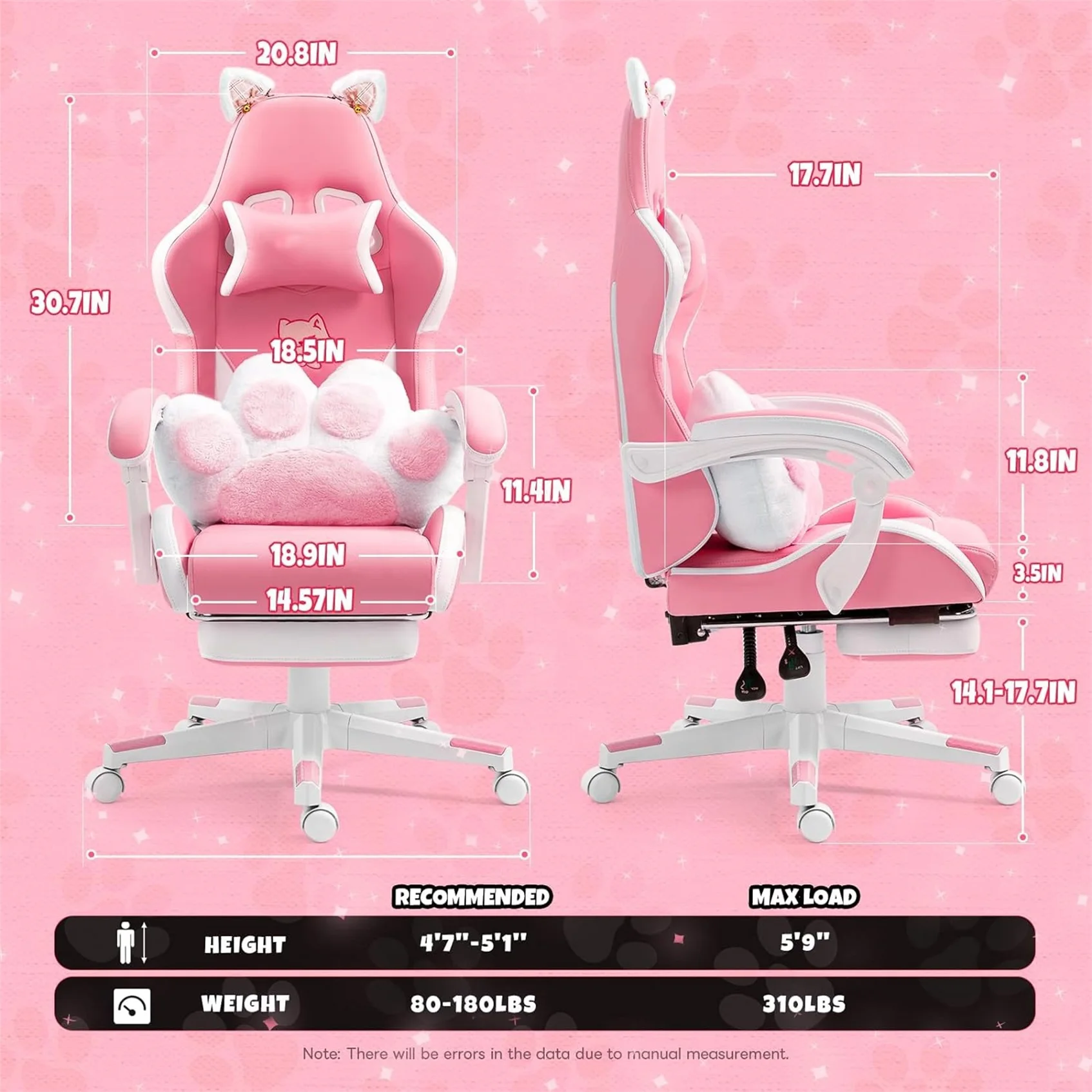 HOMCOM Fauteuil Gamer avec Oreilles de Chat, dossier inclinable, repose- pieds escamotable, jusqu'à 120 kg, Rose/Blanc | France