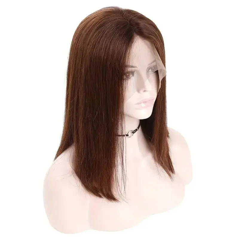 Parrucca Bob in pizzo con parte libera marrone, parrucca Bob corta brasiliana liscia color cioccolato scuro, parrucche frontali in pizzo con capelli umani_voghion.com