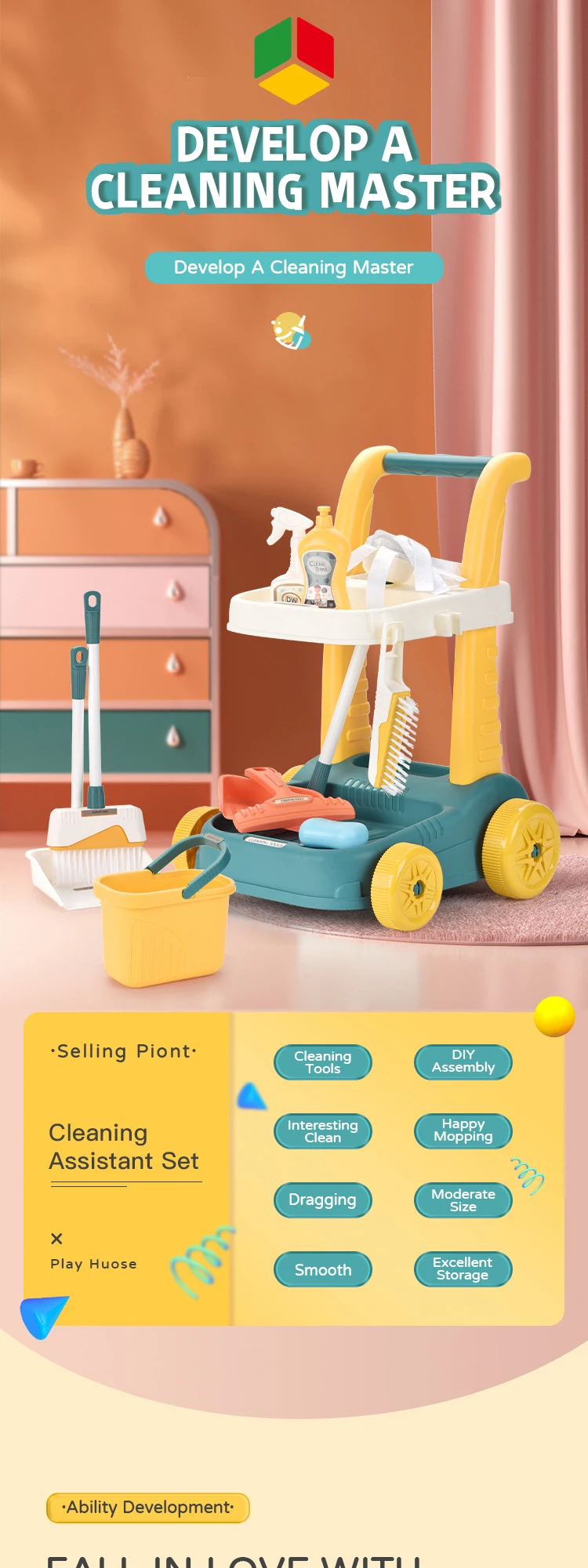 Qs Toys Kids Cleaning Set Pretend Play Household Toy 11pcs With Bucket