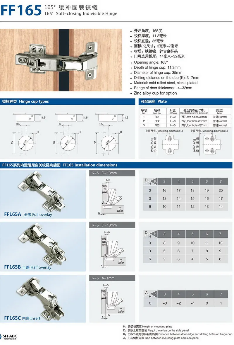 SH ABC 165 degree soft close indivisible (None clip-on) furniture china ...