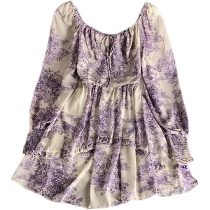 Retro square Neck Dress 2025 Summer New Long Sleeved Waist Cinching Slimming Temperament Small Floral Skirt