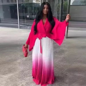 ZZ New Casual African Style Quarter Sleeves Issey Miyaki Pleat Plus Size Two Pieces Skirt Set Gradient Color Women Clothing