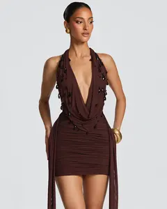 Halter Deep V Neck Backless Sexy Mini Dress Women Teardrop Crystals Off-shoulder Draped Ruched Skinny Club Party Dress