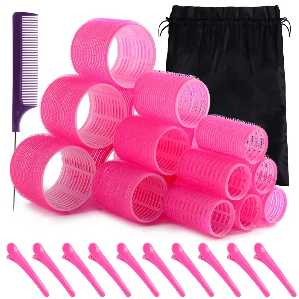 Wholesale Custom 18pcs No Heat Plastic Hair Rollers Set 3 Sizes Self Grip Hair Curler Rollers with Comb and Duckbill Clips
