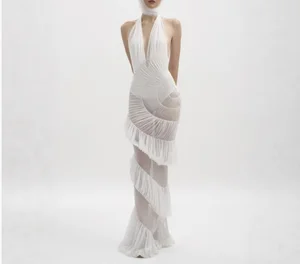 Female New Solid Spliced Folds Slim Fit Halter Long Dresses for Women Sleeveless High Waist Sexy Mermaid Dress -