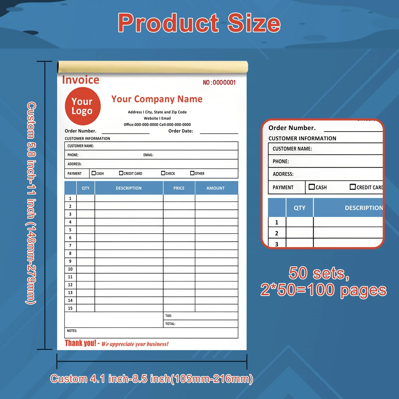 Custom Logo Purchase Order Form 2 Part A5 Carbonless Copies 8.3x5.5 Inch Invoice Book Carbonless Paper Cardboard Receipt Book