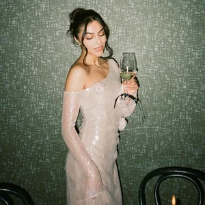 2026 New Arrival Women's Long Sleeve Lace Fashion Gown Hot Sale Perspective Hollow Beads Party Dress Chiffon for Spring Season