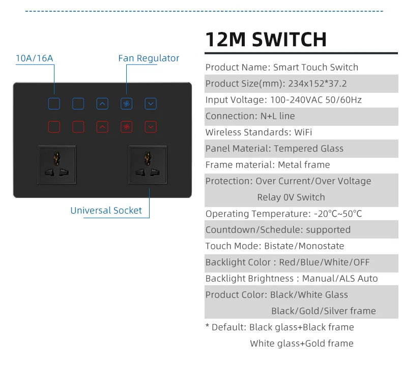 Universal Socket and Switch 4 5 6 8gang Touch Wall Light Switch WiFi Dimmer Switch Tuya Smart Fan Controller