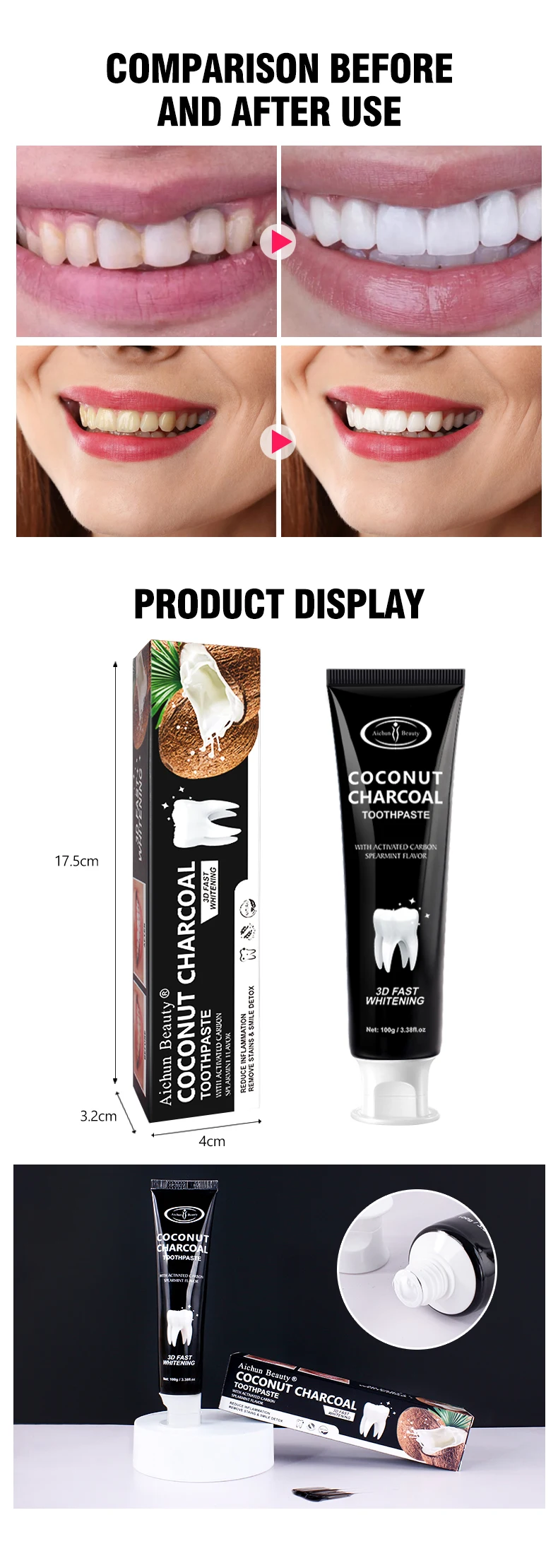 Aichun Beauty 3d Fast Whitening Reduce Inflammation Remove Stains Coconut Charcoal Toothpaste