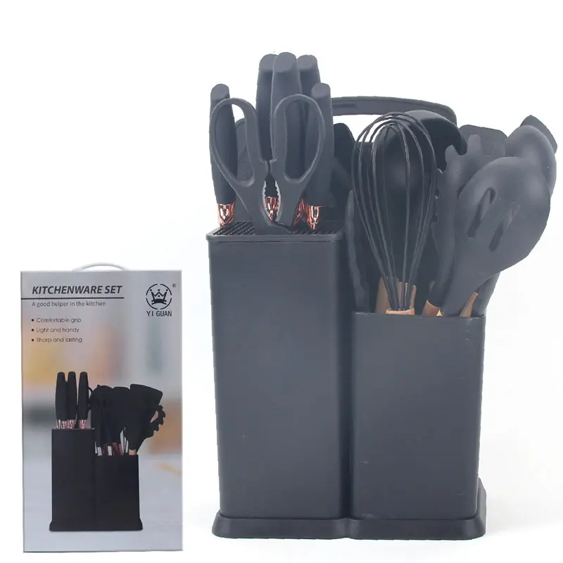 Conjunto de utensílios de cozinha de gel de sílica personalizado com alça de madeira e tabuleiro de corte