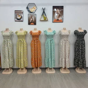 Spring and Summer Women's Casual Fashion Short Sleeve Pleated A- Line Skirt Printed Lace-up Dress