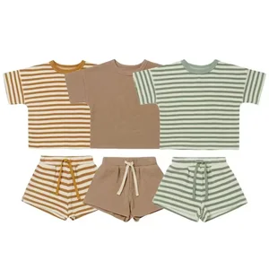 Summer Boy Children Clothing Short Sleeve Shorts 2Pcs Set Striped Waffle Cotton Baby Clothing Set