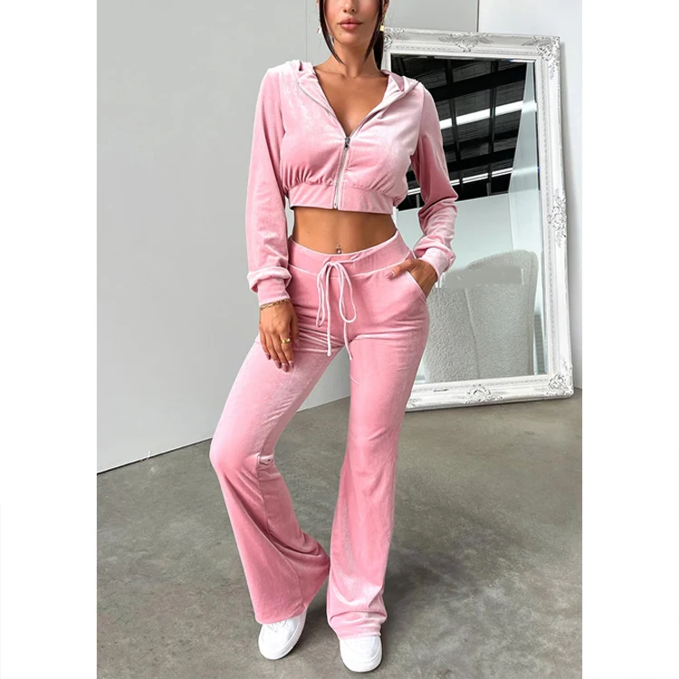 Custom Juicy Velour Tracksuit Set For Women Piece Cropped