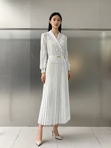 Miyake Pleated Dress for Women, Formal Collar and Lantern Sleeve Oversized Dress