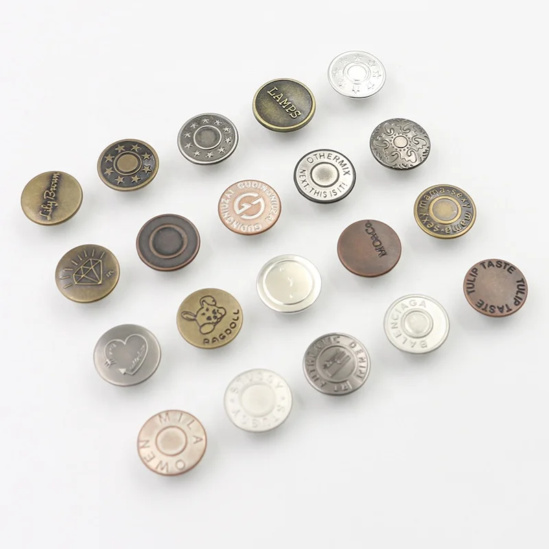 Custom Made Logo Embossed Metal Jeans Buttons High Quality Sustainable Plating Technique Available 10mm 20mm 17mm Decoration
