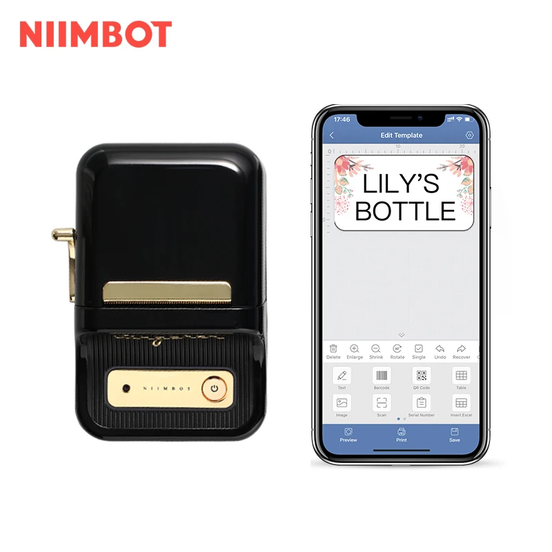 Niimbot Connect Waterproof Barcode Label Thermal Mini Printer Mobile PC 2x3 Inch Thermal Roll Paper Thermal Printing Black Color