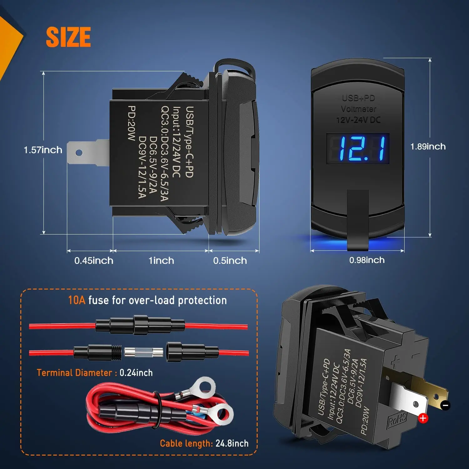 Qidoe 18W QC3.0 & PD 20W USB Charger Rocker Switch - Fast Charging For RV, Boat, Truck