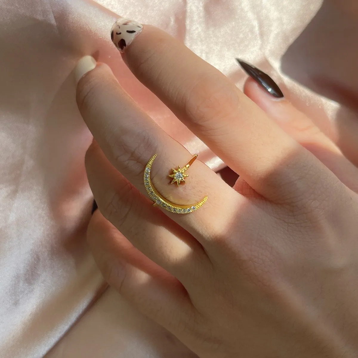 KAKODIY Fashion Design 925 Sterling Silver Jewelry Gold Plated Moon Star Ring Open Adjustable Thin Ring detail 10