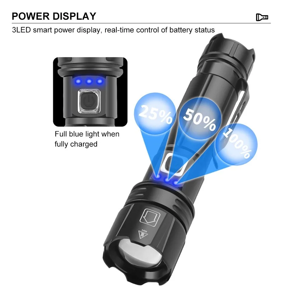 Asafee High Power Zoom P50 LED Aluminum Alloy Flashlight Strong Light Outdoor Torch with Attack Head Tactical Flashlight
