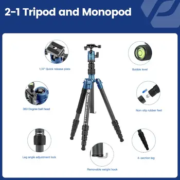 Fotopro 59" Carbon Fiber Travel Tripod Detachable Monopod Compact Camera Tripod with Ball Head detail image