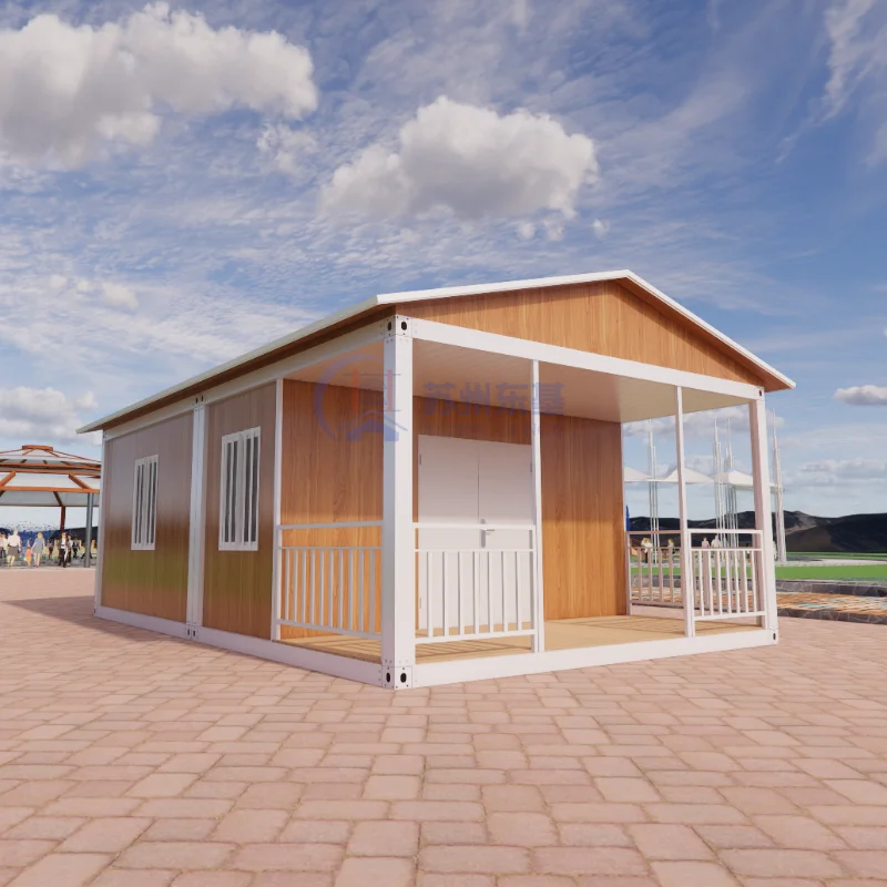 Màu gỗ, tùy chỉnh theo cá nhân, nhà tiền chế 3 phòng ngủ cho gia đình, nhà container mái dốc kép