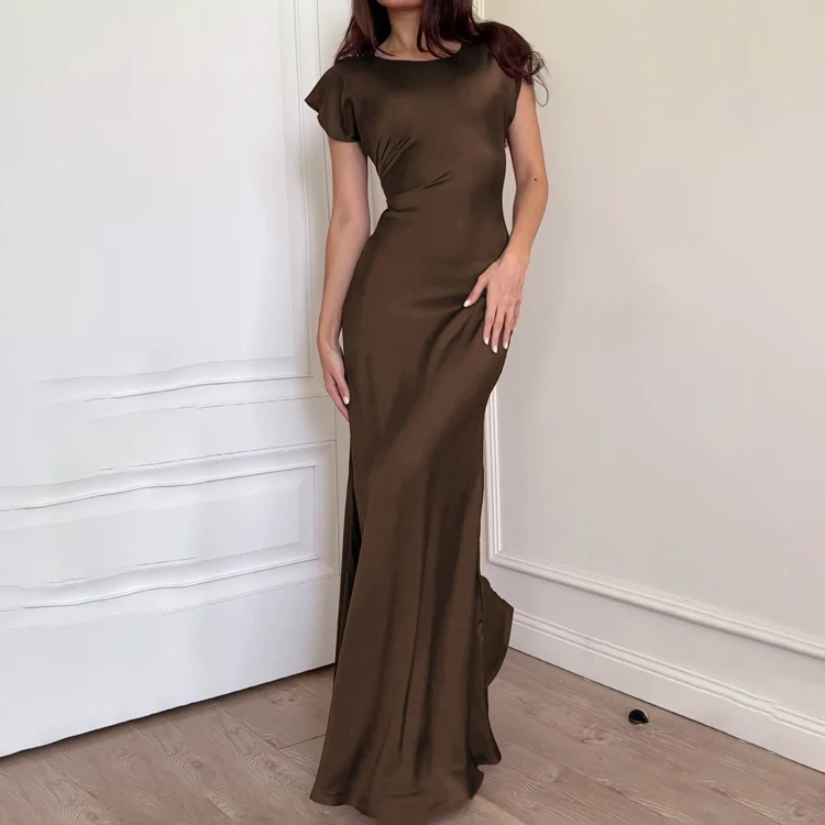 Satin Maxi Bodycon Dress With Empire Waist & Crew Neck Oem Satin Maxi Bodycon Dress With Empire Waist & Crew Neck Oem