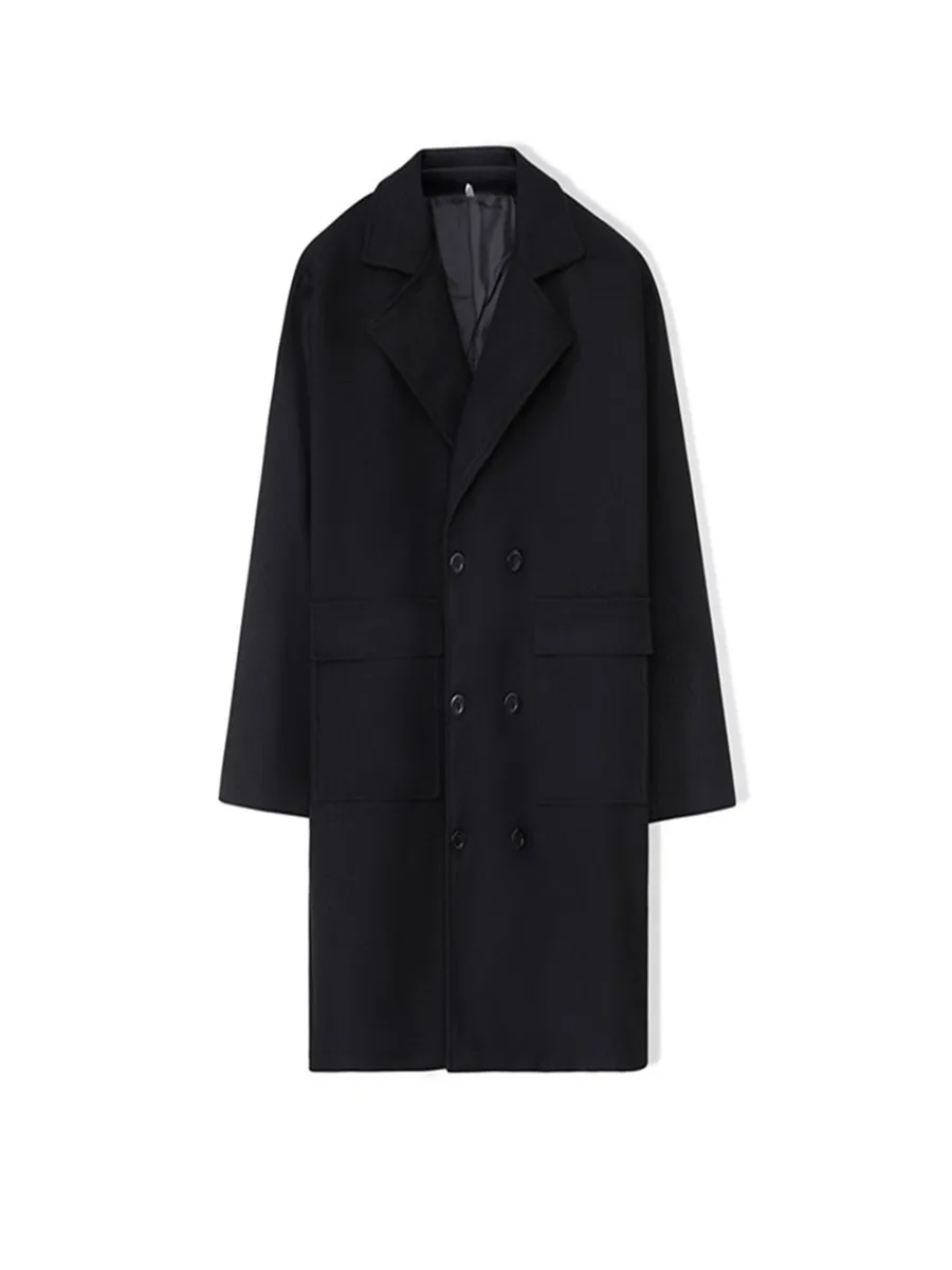 2024 new men's double breasted solid color casual long woolen coat men's coat