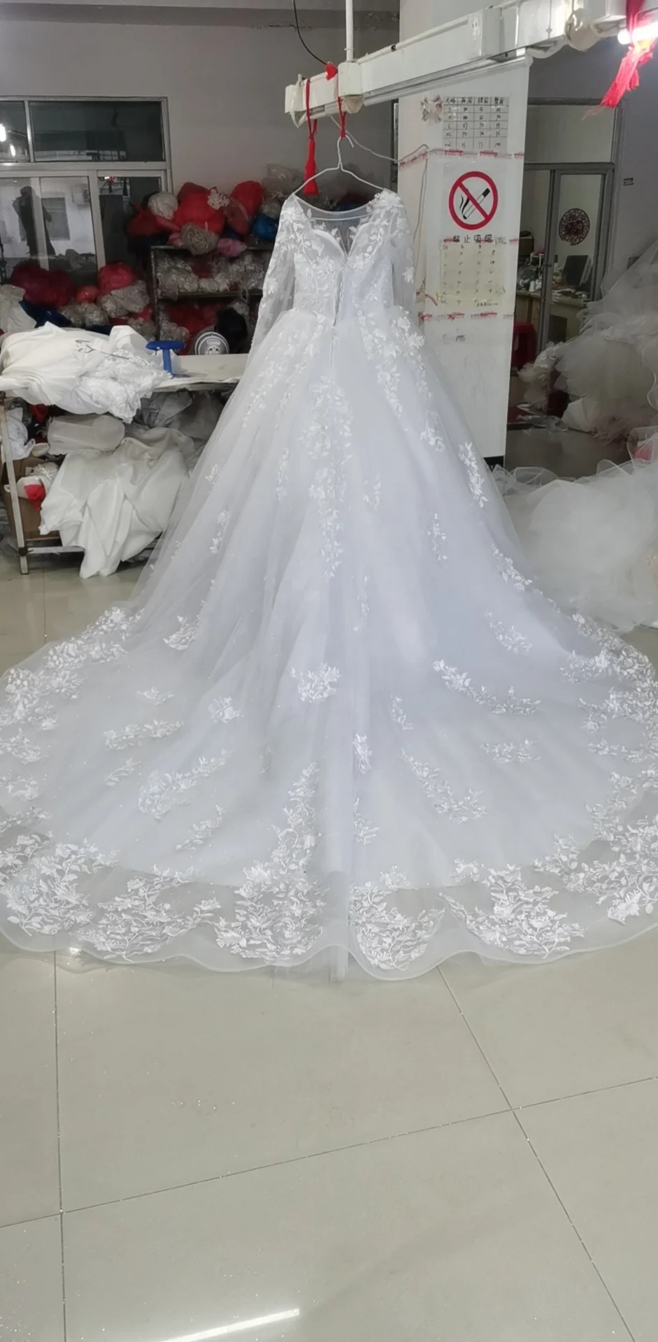 Real Picture Long Sleeve White Ball Gown Wedding Dress 2022 Lace Appliques Lace up Wedding Dresses 1M Tail Plus Size Bridal Gown