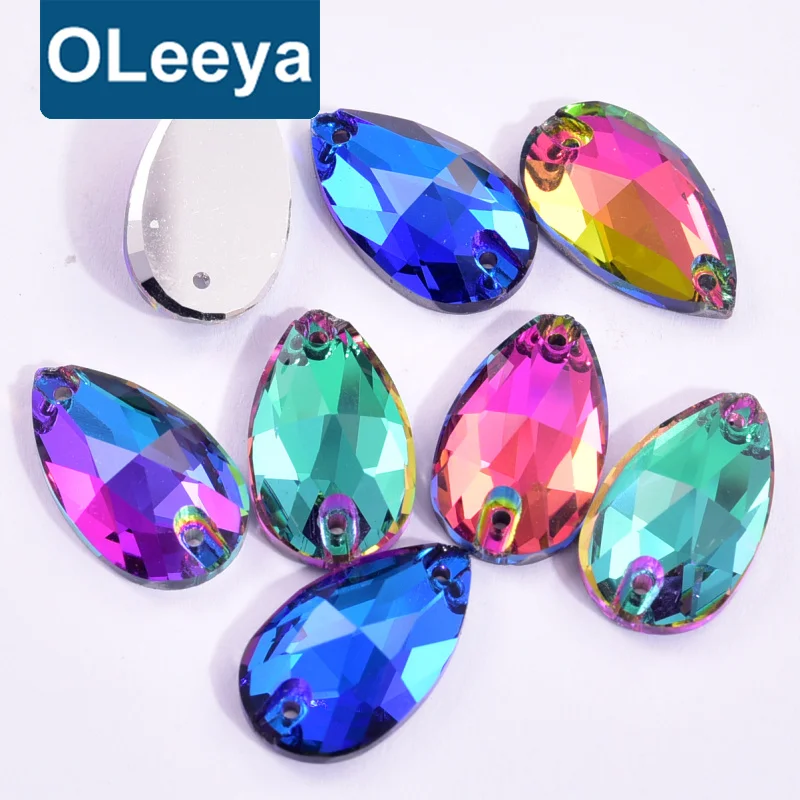 Oleeya 2022 Top Quality Glass 5A Shiny Crystal Violet Blue Teardrop Flatback Sew on Stones for Garment Accessory