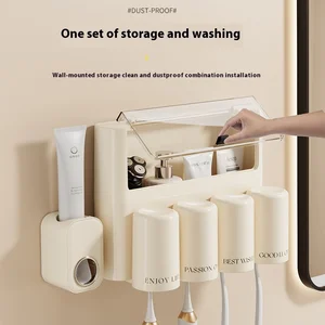 Wall-Mounted 4-Cup Storage Rack Dustproof Nordic Easy Install Toothbrush Holder Lid Mouthwash Cup Home Bathroom