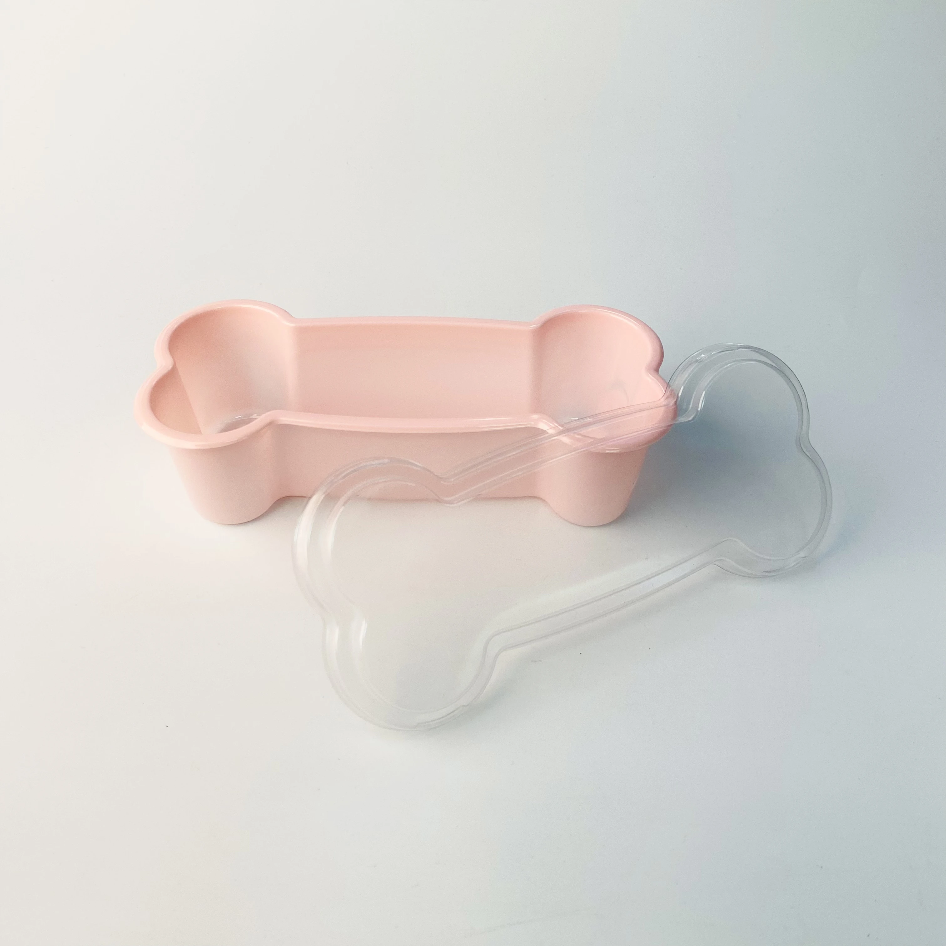 Huayi Factory Disposable Plastic Bone Shape Pink Base With Transparent Lid Snacks Desserts Pastry Containers Packaging Boxes