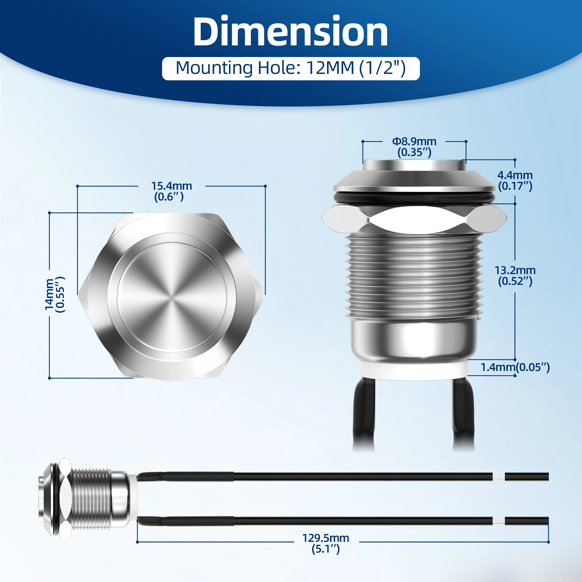 High Quality Pre-Wired SPST 1NO Momentary Flat Button Metal Push Button Screw Terminal Waterproof 12MM Anti-vandal Switches