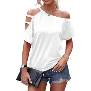 2025 Summer Women's Fashion New Off Shoulder Asymmetric Hollow Leisure Short Sleeve T-shirt