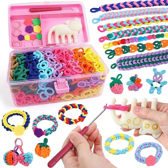 1000+ Colorful Fabric Loops Elastic Cloth Band Bracelet Making Toy Arts and Crafts Kit for Kids Weaving Loom Bracelets Kit