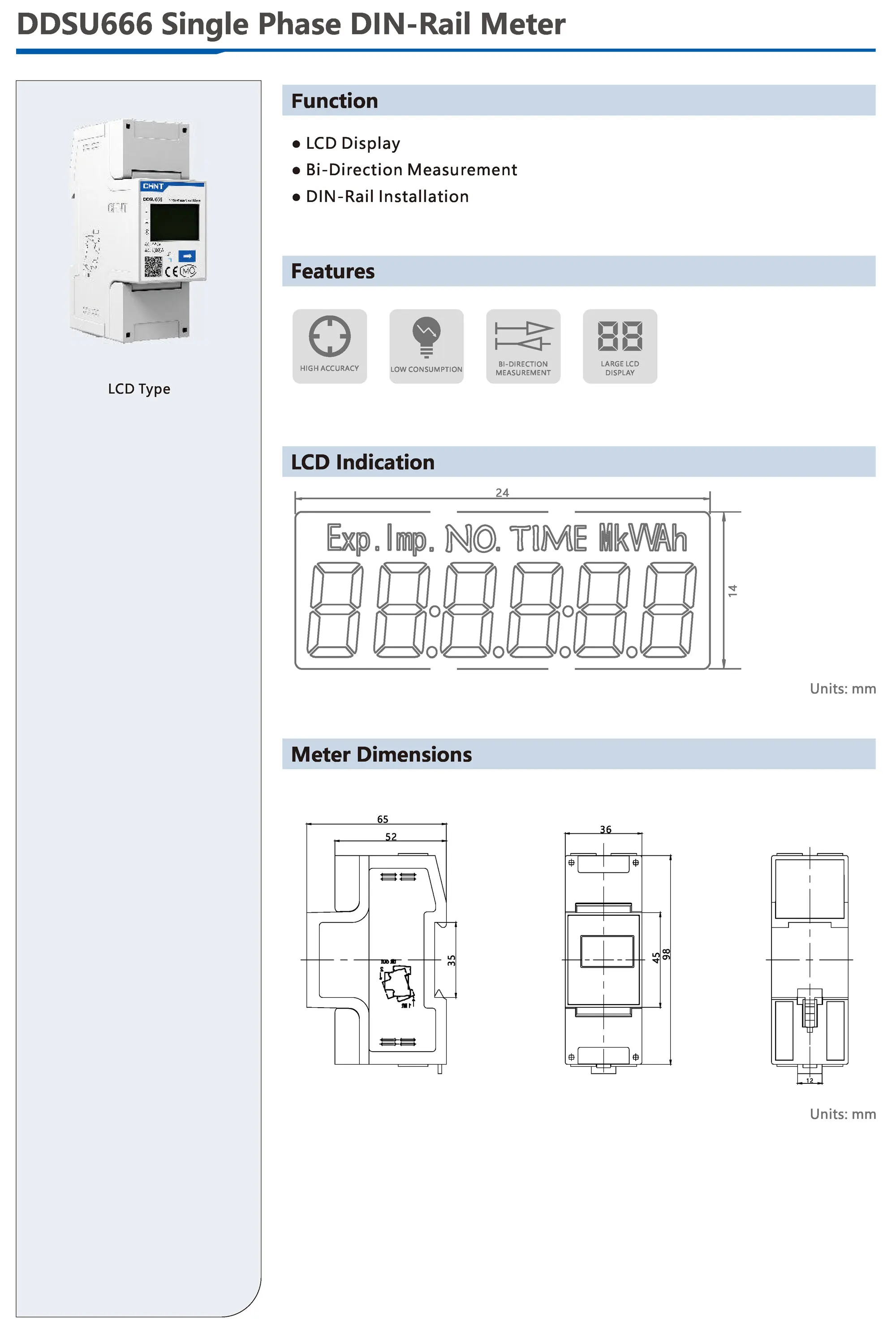 Chint DDSU666 1 Phase 2P 80A 60A 220V 230V RS485 MODBUS English version or Chinese CHNT Power Energy Single Phase Smart Meter