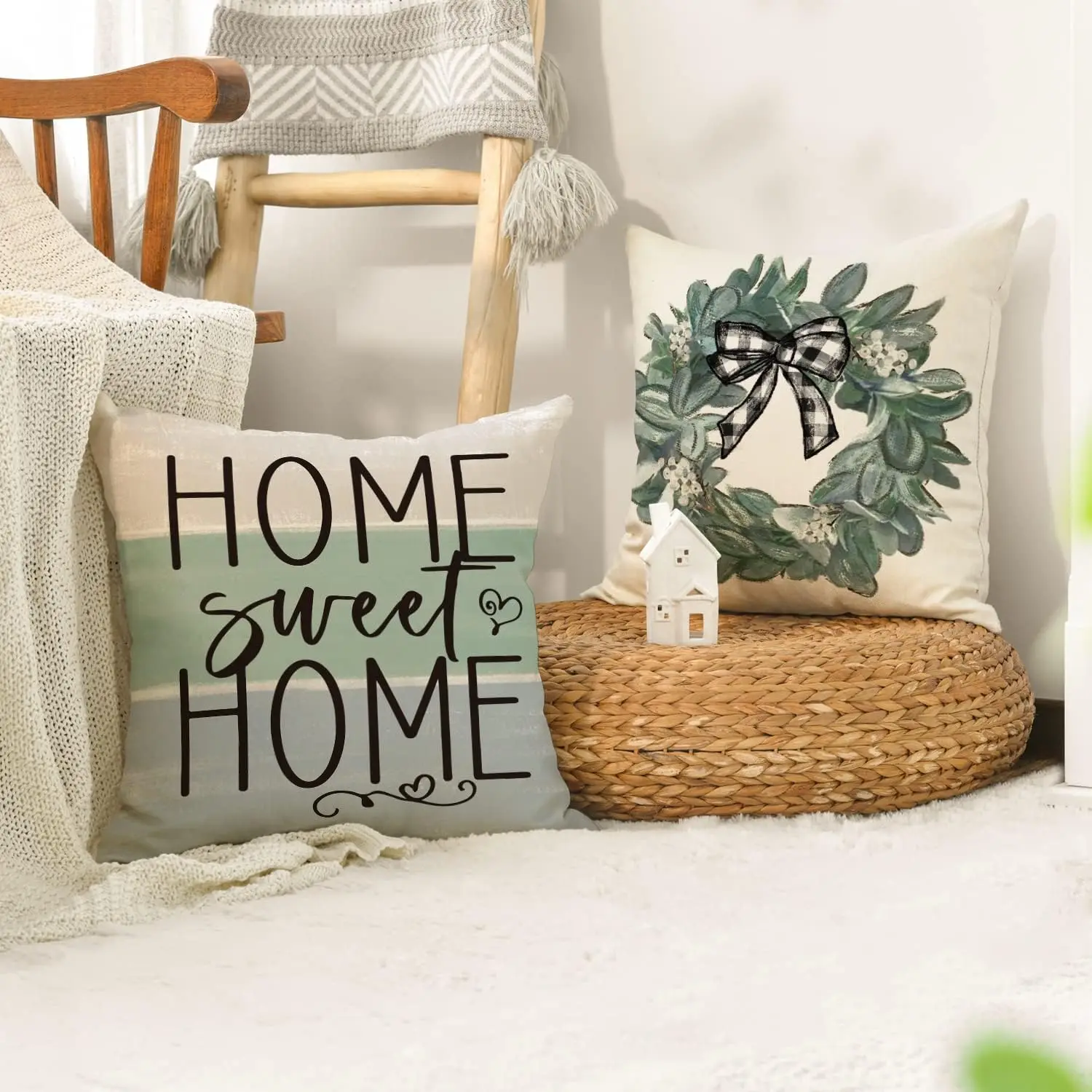 Wholesale Printed 4 Pcs Autumn Sweet Home Eucalyptus Lamb Ear Wreath Cushion Pillow Cover, 18 * 18 Inches Throw Pillow Covers