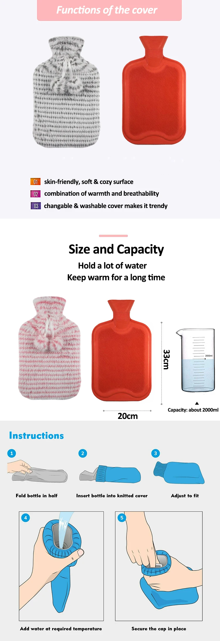 2024 hot sale hot water bottle logo hand warmer self heating hot compress plush hot water bag cover