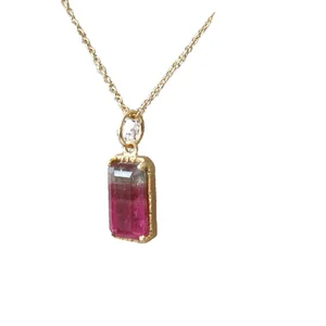 Custom Gold Plated Elegant Women Necklace Watermelon Tourmaline Pendant