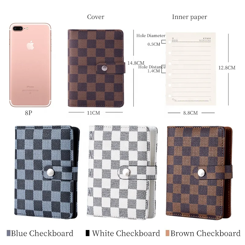 Wholesale Handmade Leather Journal,Snap Button Checkered A7 Binder,Luxury  Brown Medium MM Small Notebook Checkboard Pocket Planner From m.