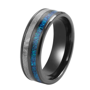 Authentic Meteorite Black Zirconium  Ring with Meteorite and Crushed Opal Inlay Luxury Muonionalusta Meteorite Ring for Wedding
