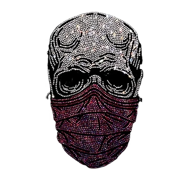 Green skull facemask rhinestone design iron on transfer decals hotfix rhinestone sheet