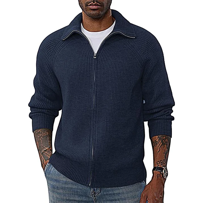 Men's Full Zip Cardigan Sweaters Unisex Lapel Collar Raglan Sleeve