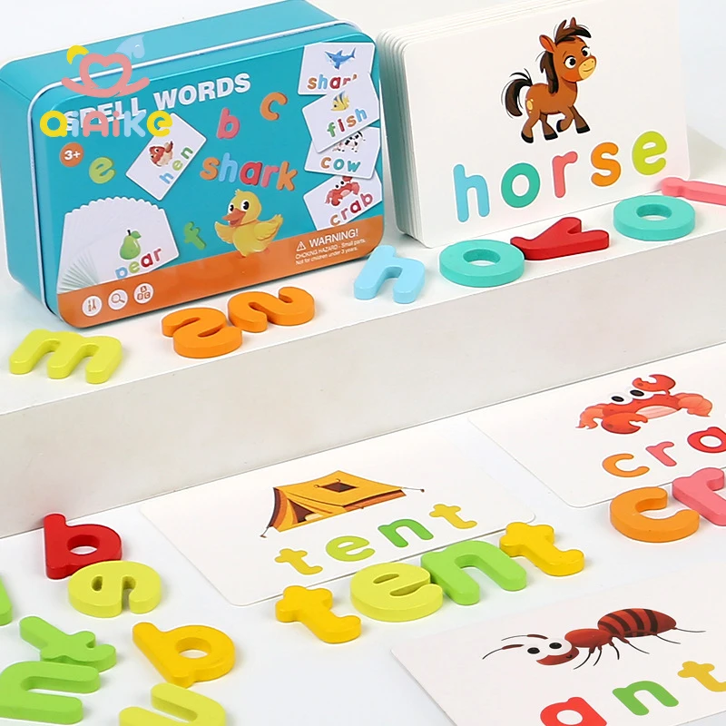 新作アルファベットABC学習 教育玩具 木製パズル フラッシュカード 幼児向けアクティビティ文字綴りゲーム 子供・幼児向け