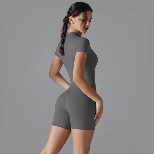 New Women Zipper Yoga Jumpsuit Long Sleeves Shorts BodySuit Gym Fitness Clothes Workout Sportswear One Piece Tracksuit Shapewear