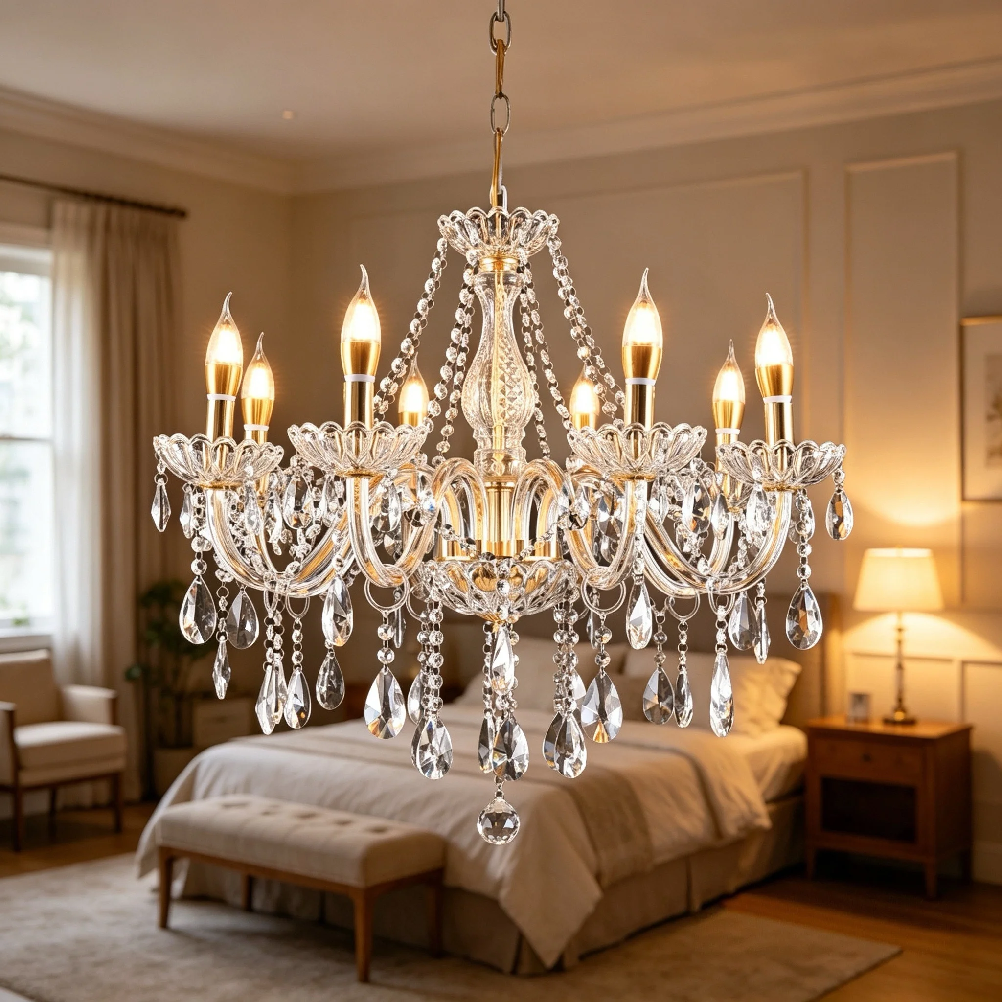 Neu im Sortiment: Elegante, schlicht-modern gestaltete Kronleuchterlampe mit verchromtem Kristallglas – europäischer Stil, LED-Kerzenfunktion, geeignet für Schlafzimmer, Esszimmer und Wohnzimmer
